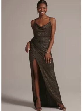 David's Bridal Black Gold Sparkle Cowl Neck Maxi Dress
